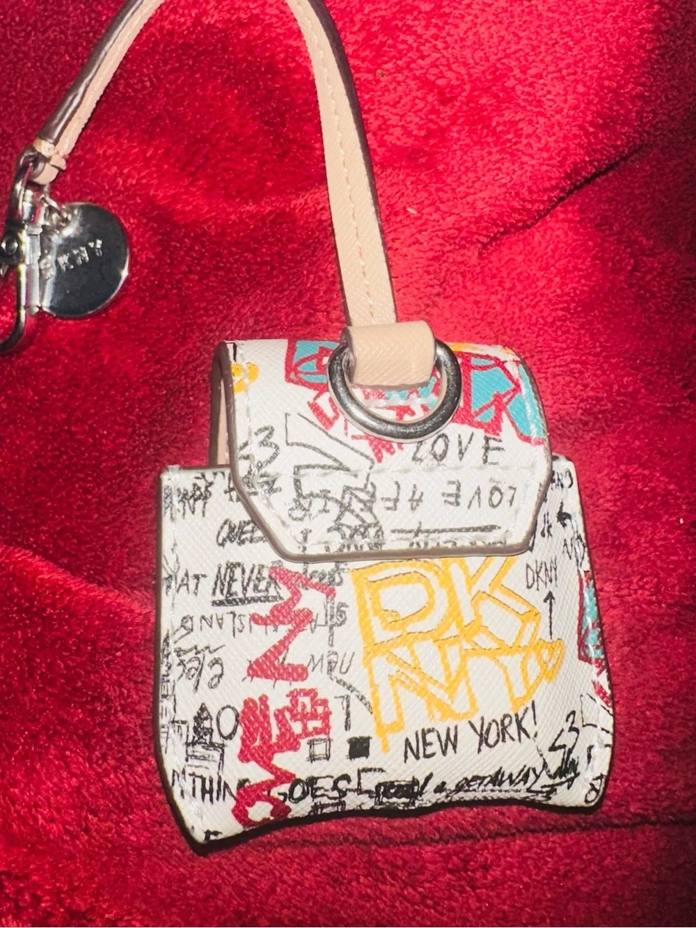 DKNY White Graffiti Print Leather AirPod Pouch with Beige Strap